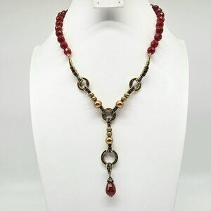 Heidi Daus Long Swarovski Crystal Lariat with Genuine Carnelian and Golden Pearl